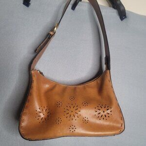 Perforated Vintage Distressed Tan Leather Multi Pocket Handbag Appx 11 x 8 x 3"